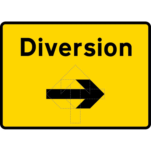 1050mm x 750mm Diversion (Rotating Arrow) - Black Plastic Sign