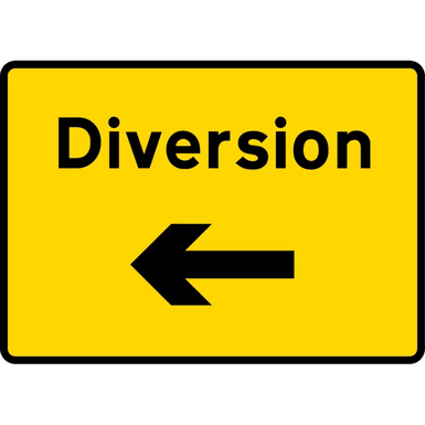 1050mm x 750mm Diversion Left - Black Plastic Sign