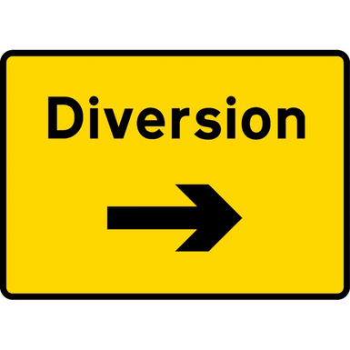 1050mm x 750mm Diversion Right - Black Plastic Sign